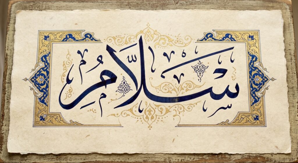 Une calligraphie arabe soignée représentant le mot "Salam" (la paix).