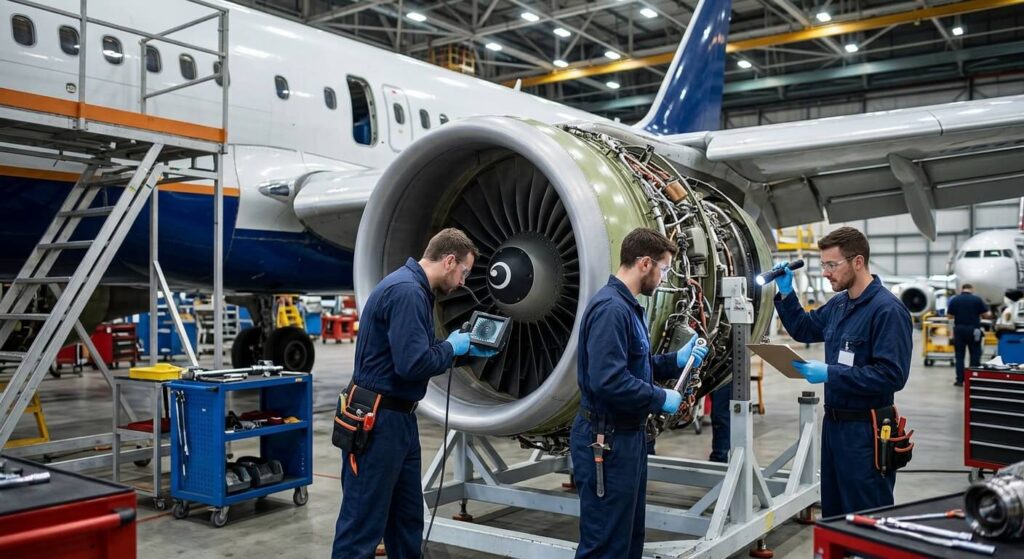 La compagnie Gulf Air est-elle sur liste noire ? Sécurité et avis 4 Des techniciens aéronautiques inspectant le réacteur d'un avion lors d'un contrôle de maintenance.