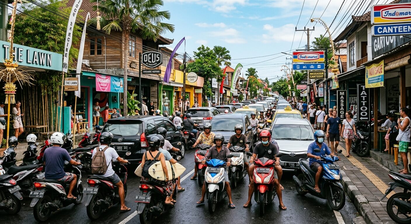 Un important embouteillage de scooters et de voitures dans une rue commerçante de Canggu à Bali.