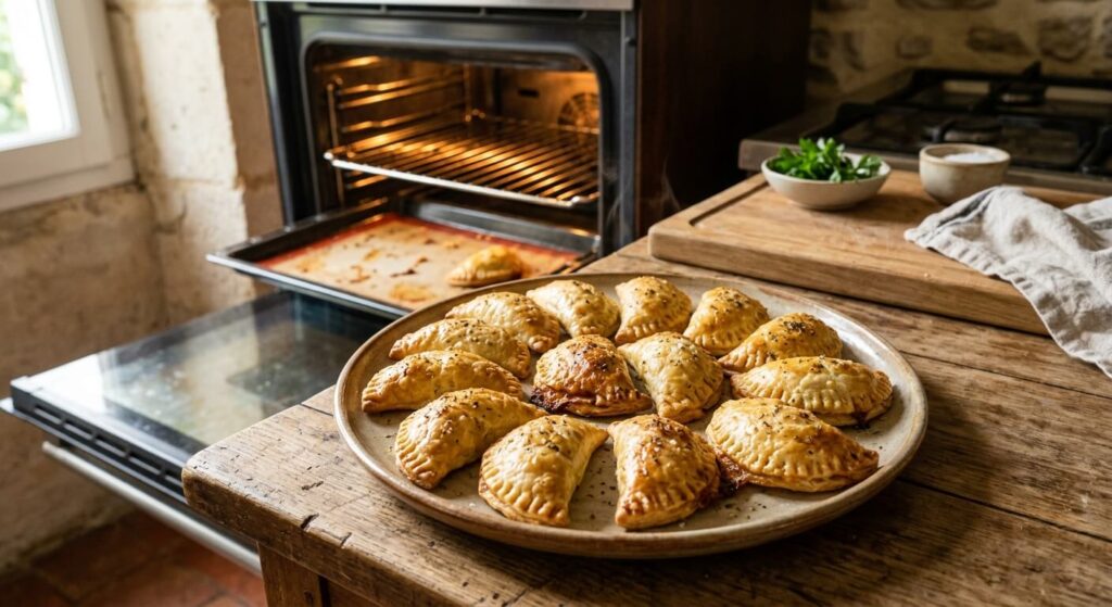Une assiette remplie de petits chaussons empanadas dorés et croustillants sortant du four de la cuisine.