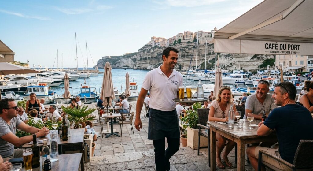 Travailler en Corse quand on n'est pas Corse : conseils pour réussir sa saison 2 Un serveur en terrasse d'un café sur le port de Bonifacio en Corse.