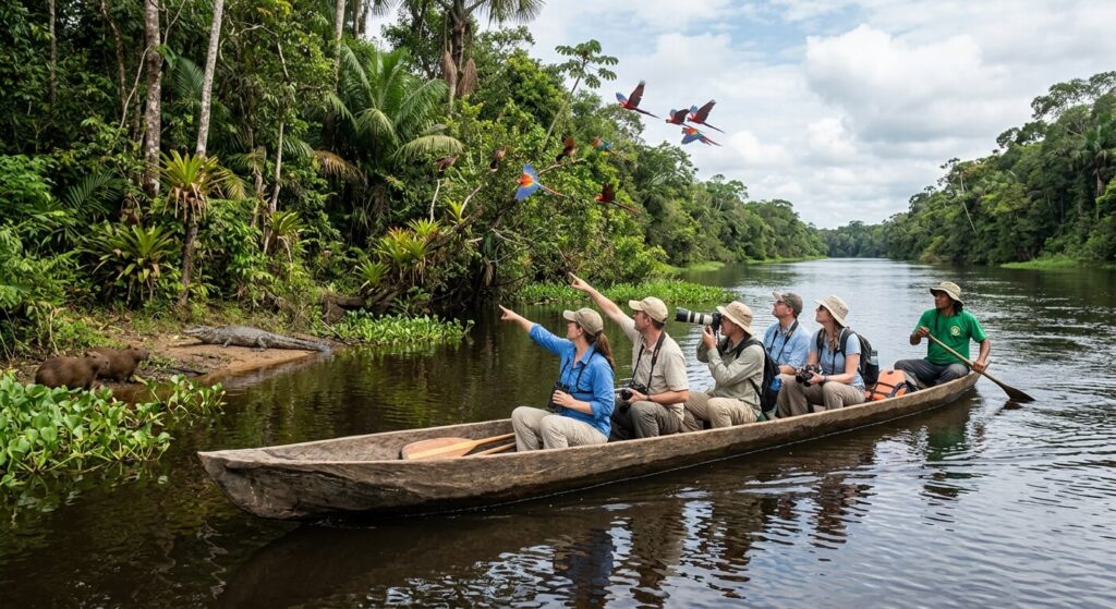 Des voyageurs en pirogue observant la faune sauvage le long d'un fleuve en Guyane française.