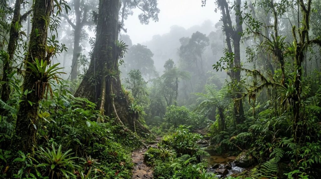 La végétation luxuriante et humide de la forêt tropicale de Sinharaja au Sri Lanka sous la brume.