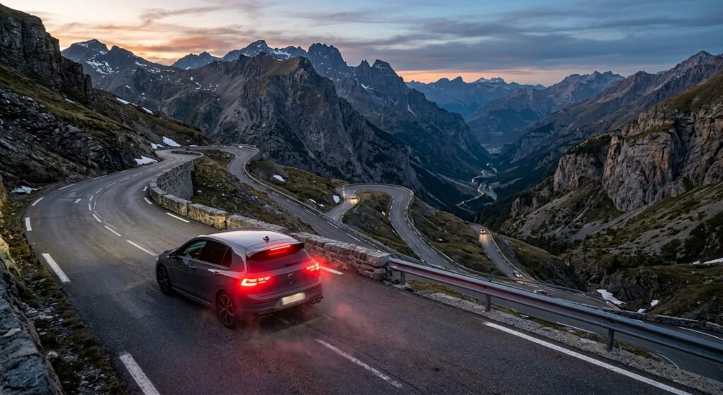 La route Napoléon est-elle dangereuse ? Conseils de conduite et pièges à éviter 3 Les feux stop d'une voiture allumés lors d'une forte descente de col sur une route de montagne.