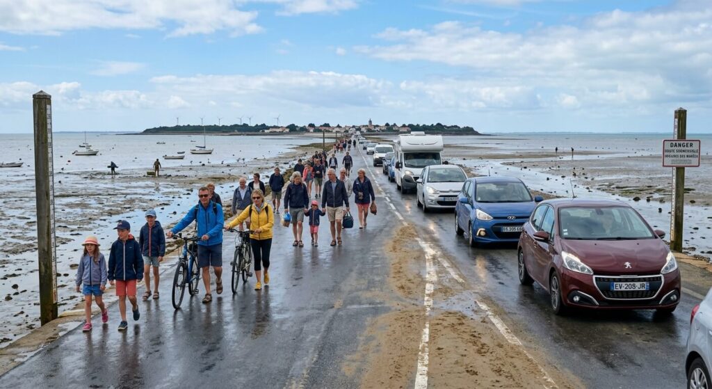 Découvrir la Vendée : une destination idéale pour les vacances et séjours 3 Des voitures et des piétons traversant la route submersible du Passage du Gois à Noirmoutier.