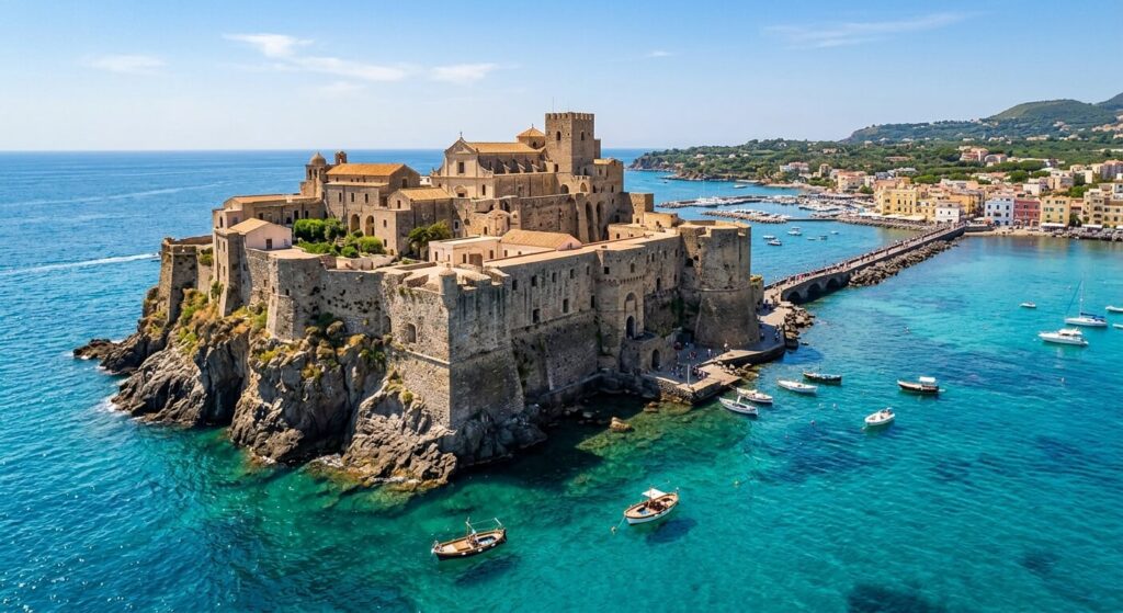 Ischia ou Procida : laquelle choisir pour votre séjour ? 4 Le majestueux château aragonais d'Ischia fortifié sur son îlot rocheux au milieu de l'eau turquoise.