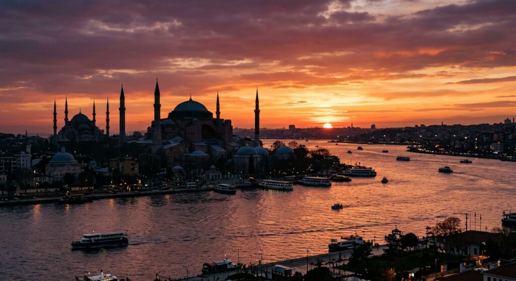 Ankara ou Istanbul : quelle ville choisir pour visiter la Turquie ? 3 La silhouette de la mosquée Sainte-Sophie à Istanbul face au détroit du Bosphore au coucher du soleil.