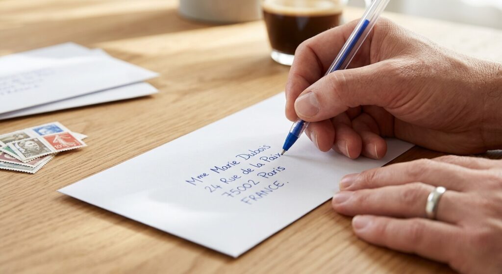 Code postal au Cameroun : fonctionnement, écriture et guide pratique 3 Une main rédigeant une adresse de destination sur une enveloppe blanche prête à être affranchie.