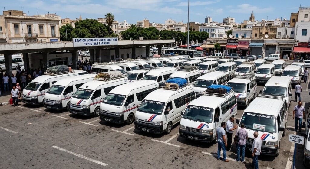 Tunis Douz : distance, durée et meilleurs moyens de transport 3 Les camionnettes blanches de transport collectif (louages) stationnées à la gare routière de Tunis.