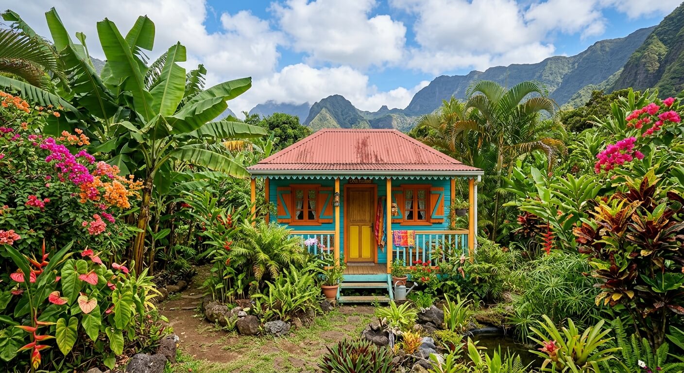 Une petite case créole colorée entourée de végétation tropicale à l'île de la Réunion.