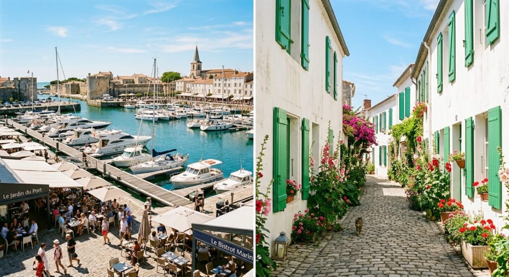 Quartier chic à l'Île de Ré : où se trouvent les secteurs les plus huppés ? 3 Une venelle fleurie bordée de maisons rétaises blanches traditionnelles aux volets verts caractéristiques.