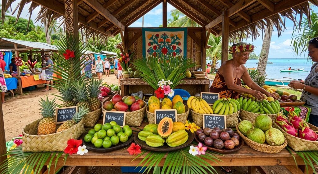 Vivre aux îles Marquises : budget, vie quotidienne et démarches 3 Des fruits tropicaux frais disposés sur les étals d'un petit marché artisanal polynésien.