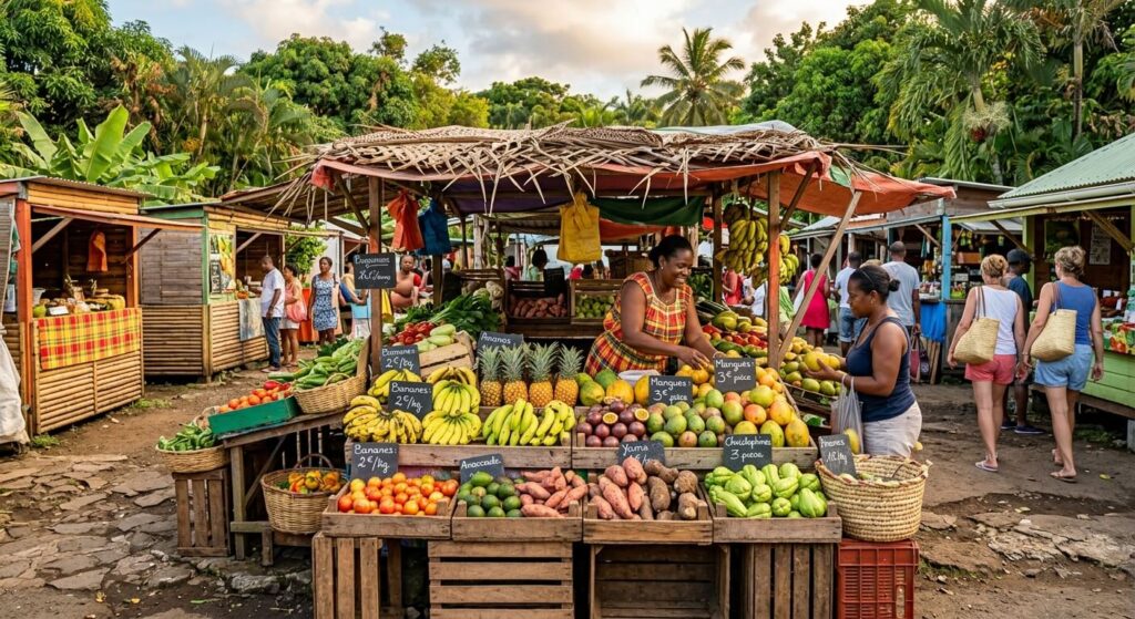 Des étals de fruits et légumes tropicaux vendus sur un petit marché traditionnel en Outre-mer.