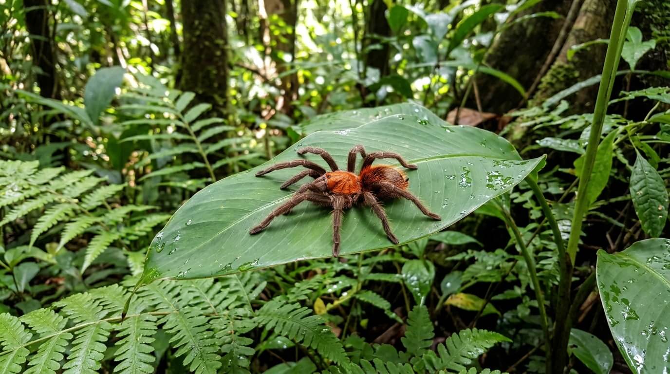 Une mygale rousse de Guadeloupe immobile sur une feuille dans la forêt tropicale.