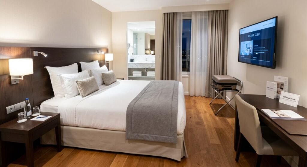 Une chambre d'hôtel propre et soignée, illustrant les standards de propreté requis en voyage.