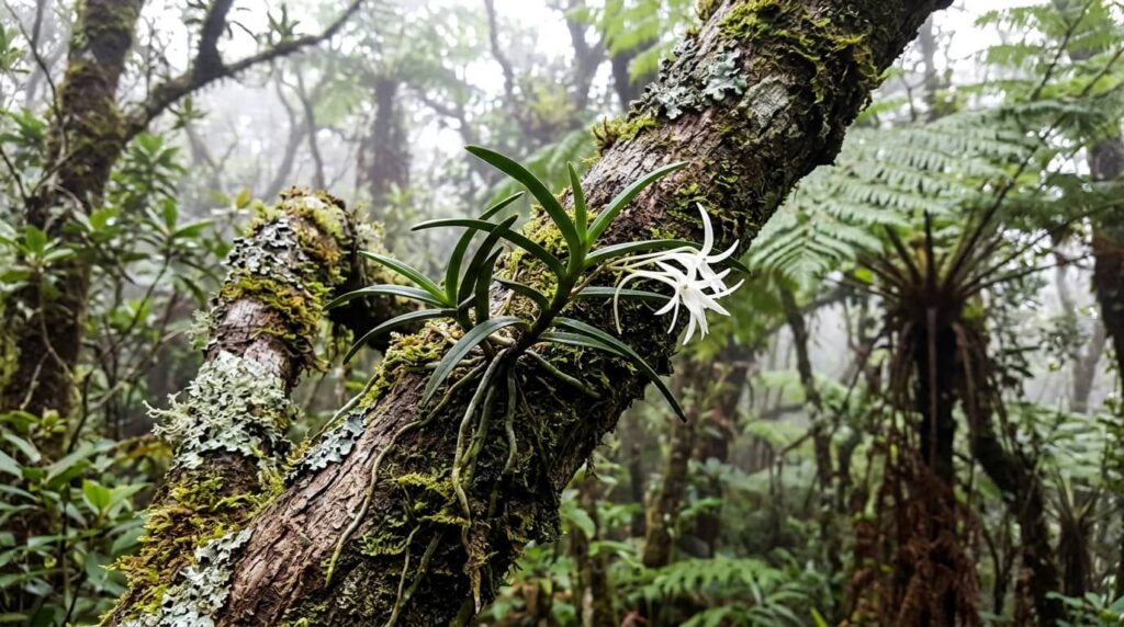Une petite orchidée sauvage Faham poussant sur l'écorce moussue d'un arbre dans les hauts de la Réunion.