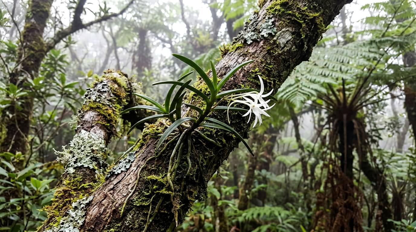 Une petite orchidée sauvage Faham poussant sur l'écorce moussue d'un arbre dans les hauts de la Réunion.