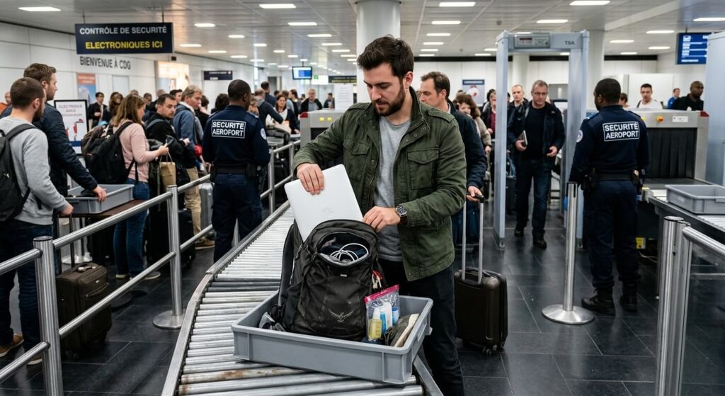 Ordinateur en soute : est-ce autorisé et quels sont les risques ? 2 Un voyageur sortant son PC portable de son sac à dos lors du contrôle de sécurité à l'aéroport.