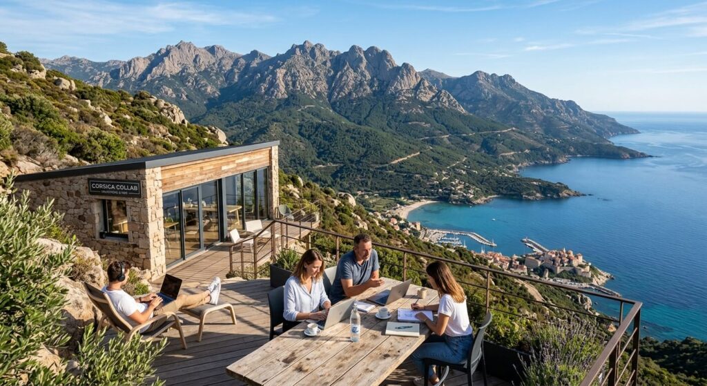 Travailler en Corse quand on n'est pas Corse : conseils pour réussir sa saison 3 Une vue sur les montagnes corses et la mer, illustrant le cadre de vie professionnel.