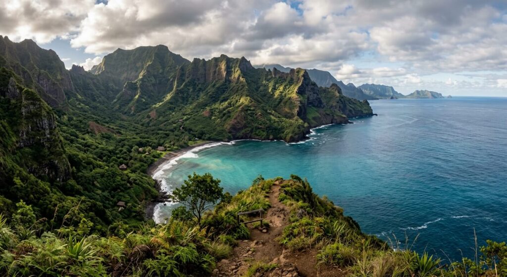 Vivre aux îles Marquises : budget, vie quotidienne et démarches 2 Une vue spectaculaire sur une baie sauvage entourée de falaises vertes et abruptes aux îles Marquises.