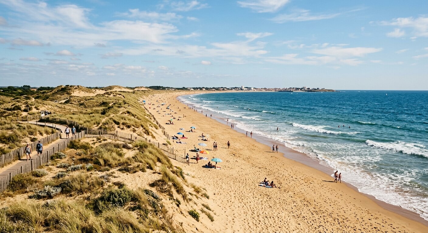 Une grande plage de sable fin bordée de dunes sous le soleil en Vendée.