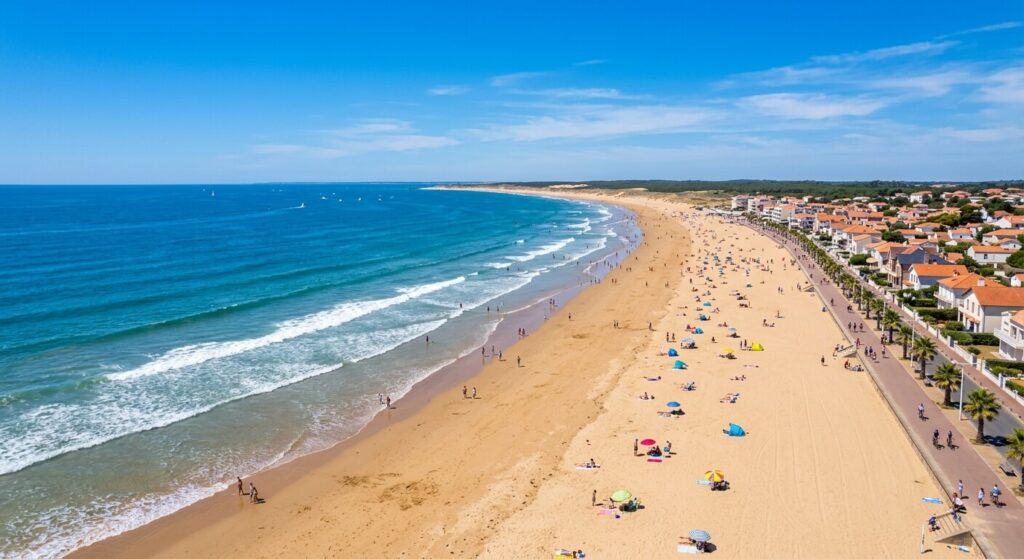 Une grande plage de sable fin bordée par l'océan Atlantique en Vendée sous un ciel bleu.
