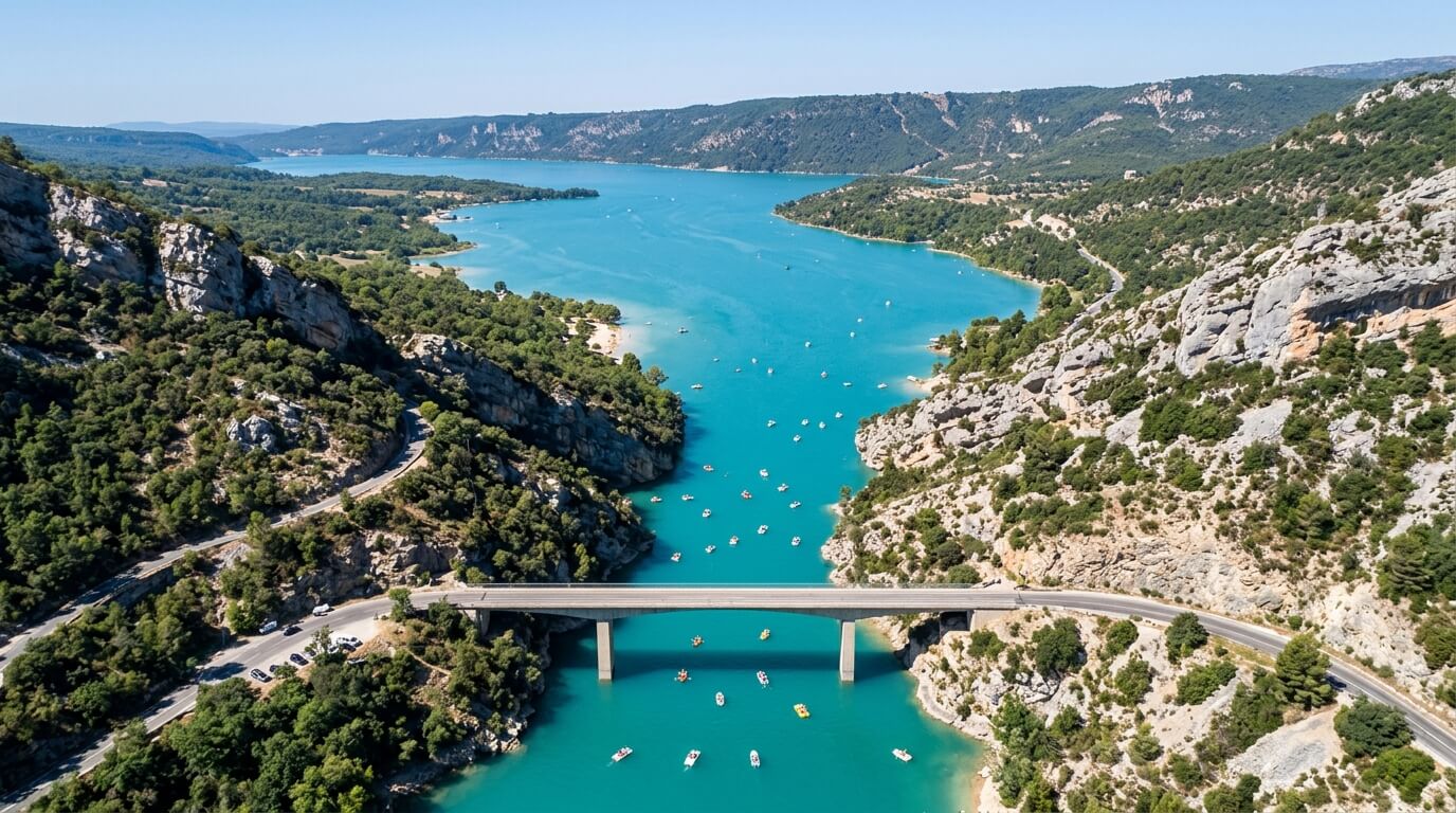 Vue aérienne du Pont du Galetas enjambant le Verdon à l'entrée du lac de Sainte-Croix.