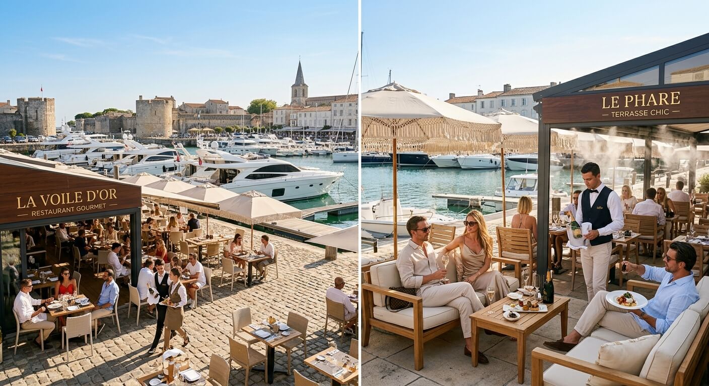 Les terrasses huppées et les bateaux amarrés dans le port de Saint-Martin-de-Ré sous le soleil.