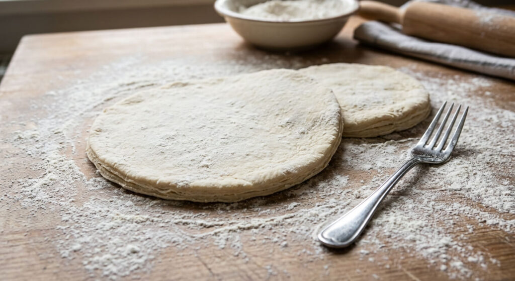 Des disques de pâte à dérouler posés sur un plan de travail fariné avec une fourchette.