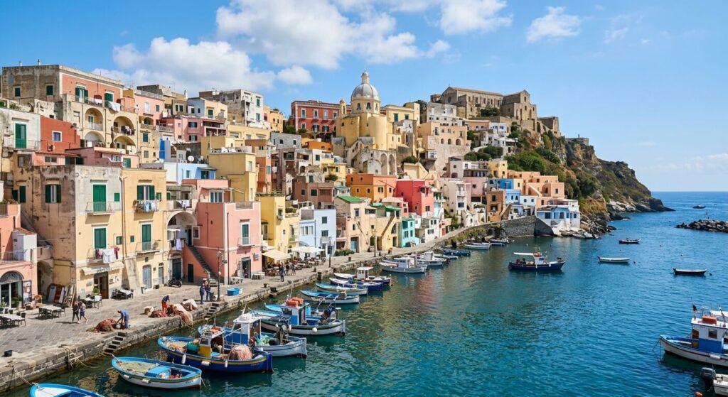 Ischia ou Procida : laquelle choisir pour votre séjour ? 3 Le port de la Corricella à Procida avec ses maisons de pêcheurs aux façades pastel imbriquées les unes dans les autres.