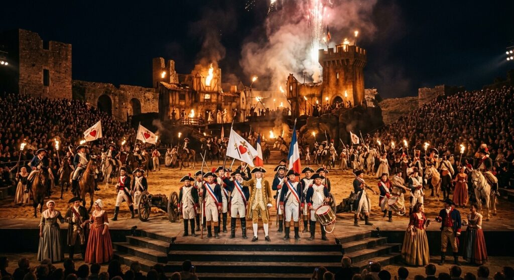 Découvrir la Vendée : une destination idéale pour les vacances et séjours 4 Acteurs en costume historique lors d'un grand spectacle nocturne en Vendée.