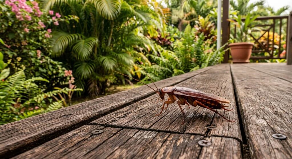 Un grand ravet brun (blatte américaine) se déplaçant sur une terrasse en bois aux Antilles.