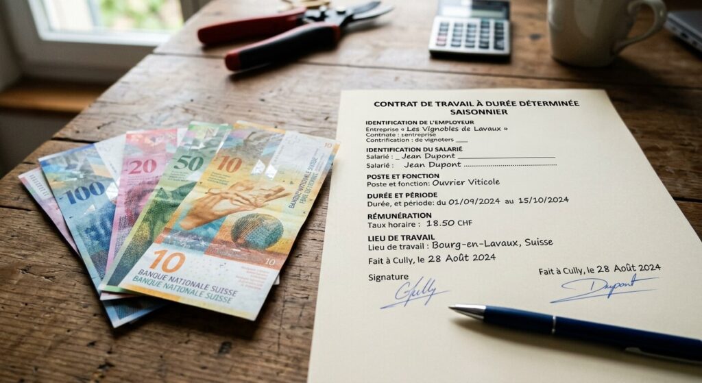 Salaire vendange en Suisse : combien peut-on gagner ? 3 Des billets de banque en francs suisses posés à côté d'un contrat de travail saisonnier.