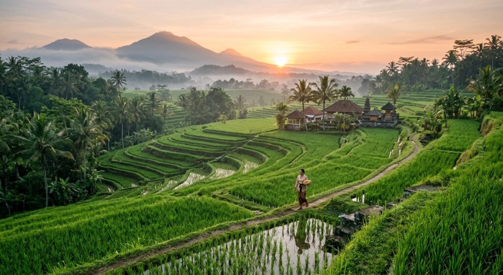 Tourisme à Bali : l'île est-elle vraiment "finie" ? 3 Une vue paisible sur les rizières verdoyantes d'Ubud au lever du soleil, loin de la foule.Une vue paisible sur les rizières verdoyantes d'Ubud au lever du soleil, loin de la foule.