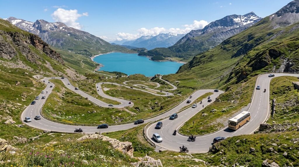 Comment aller en Italie sans prendre les tunnels routiers ? 2 Une magnifique route en lacets traversant les paysages alpins au col du Mont-Cenis.
