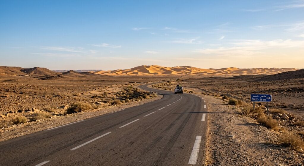 Tunis Douz : distance, durée et meilleurs moyens de transport 2 Une route asphaltée traversant les paysages arides du Sud tunisien en direction des dunes de Douz.