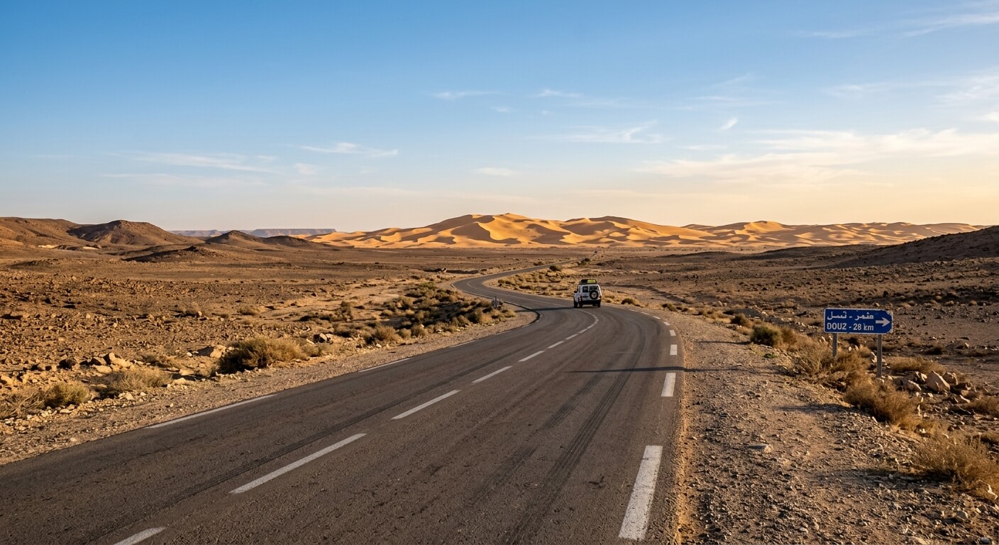 Une route asphaltée traversant les paysages arides du Sud tunisien en direction des dunes de Douz.