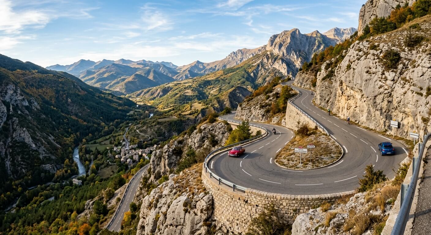 Une portion sinueuse de la route Napoléon serpentant à flanc de falaise dans les Alpes-de-Haute-Provence.