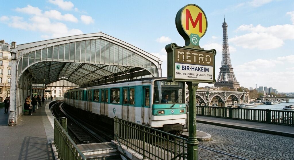 Quelle est la gare la plus proche de la Tour Eiffel ? Le guide de transport 3 Un panneau indicator de la station de métro Bir-Hakeim avec une rame en arrière-plan.
