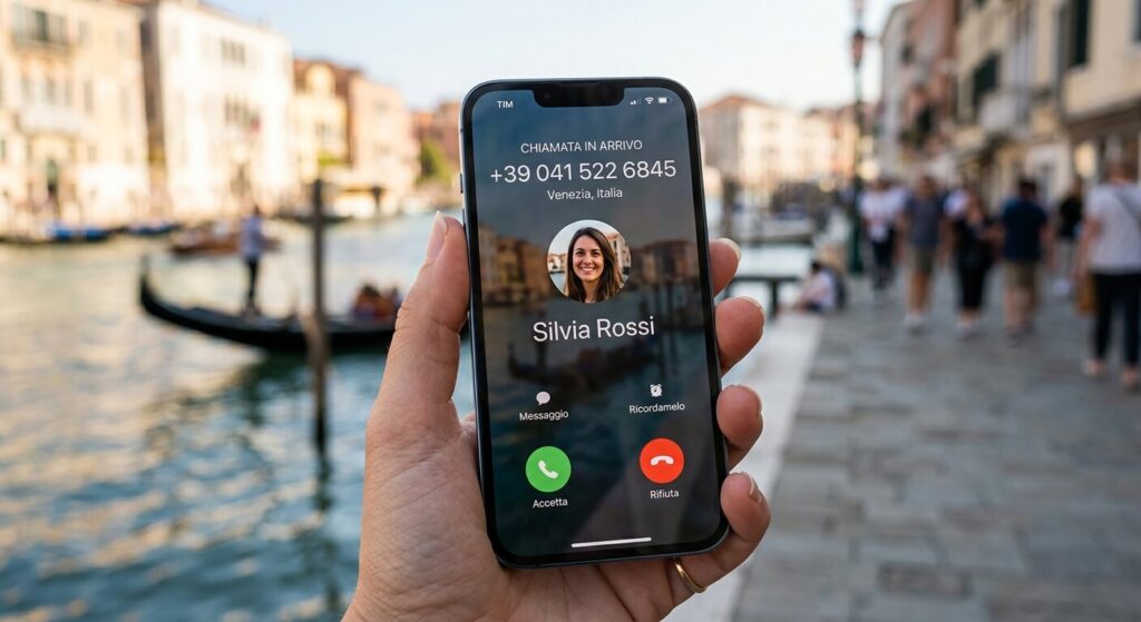 Un smartphone tenu en main affichant un écran d'appel entrant avec l'indicatif de l'Italie.