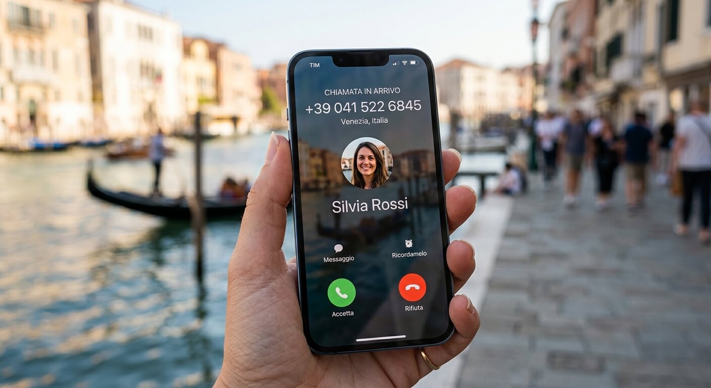 Un smartphone tenu en main affichant un écran d'appel entrant avec l'indicatif de l'Italie.