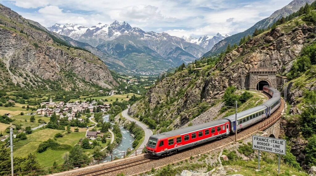 Comment aller en Italie sans prendre les tunnels routiers ? 4 Un train de voyageurs circulant au cœur d'une vallée montagneuse entre la France et l'Italie.