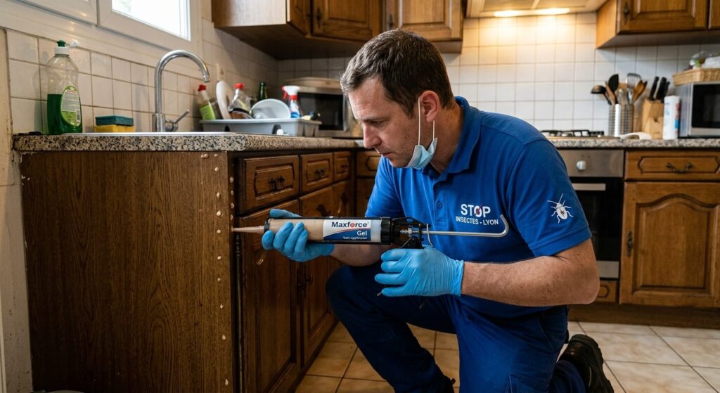 Cafards au Maroc : comment s'en débarrasser et protéger son logement ? 3 Une personne appliquant un gel anti-blattes dans les recoins d'une cuisine pour éliminer les insectes.