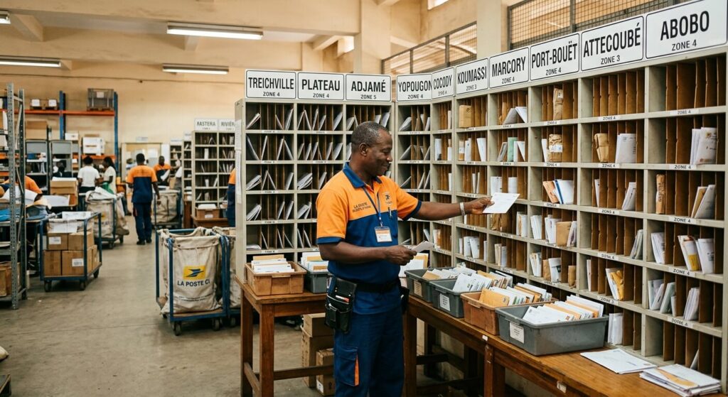 Code postal à Abidjan : comment adresser vos courriers en Côte d'Ivoire ? 3 Un agent postal effectuant la répartition des lettres et colis selon les districts d'Abidjan.