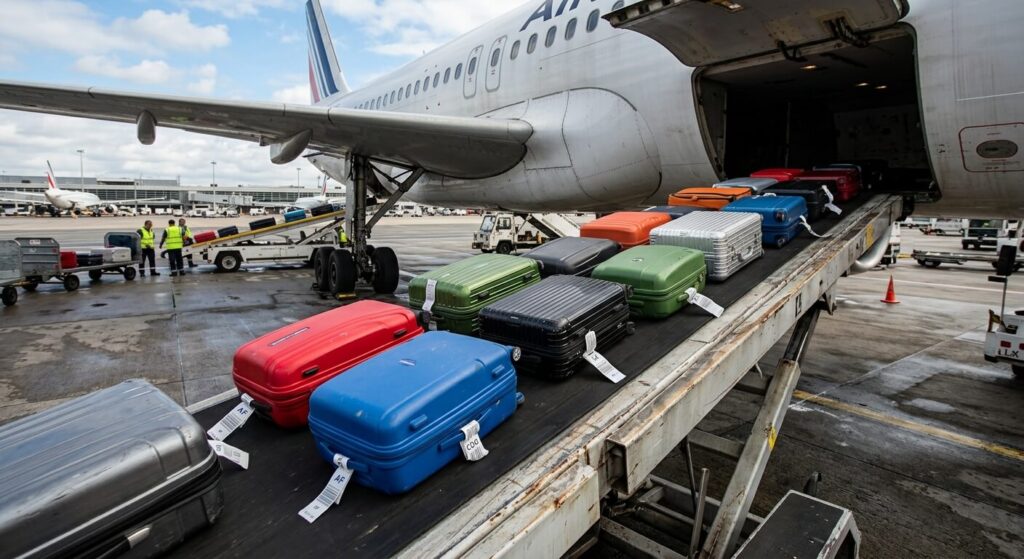 Ordinateur en soute : est-ce autorisé et quels sont les risques ? 3 Des valises rigides enregistrées circulant sur le tapis roulant de chargement des bagages d'un avion.