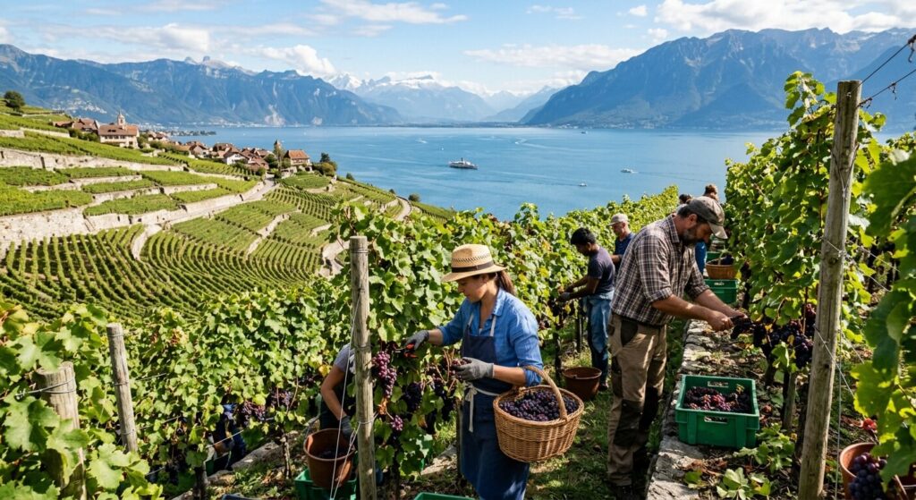 Salaire vendange en Suisse : combien peut-on gagner ? 2 Des vendangeurs coupant des grappes de raisin dans un vignoble en terrasse face au lac Léman.