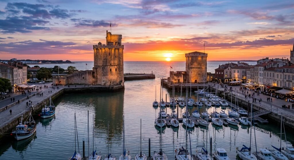 Les deux célèbres tours médiévales du Vieux-Port de La Rochelle en Charente-Maritime au coucher du soleil.