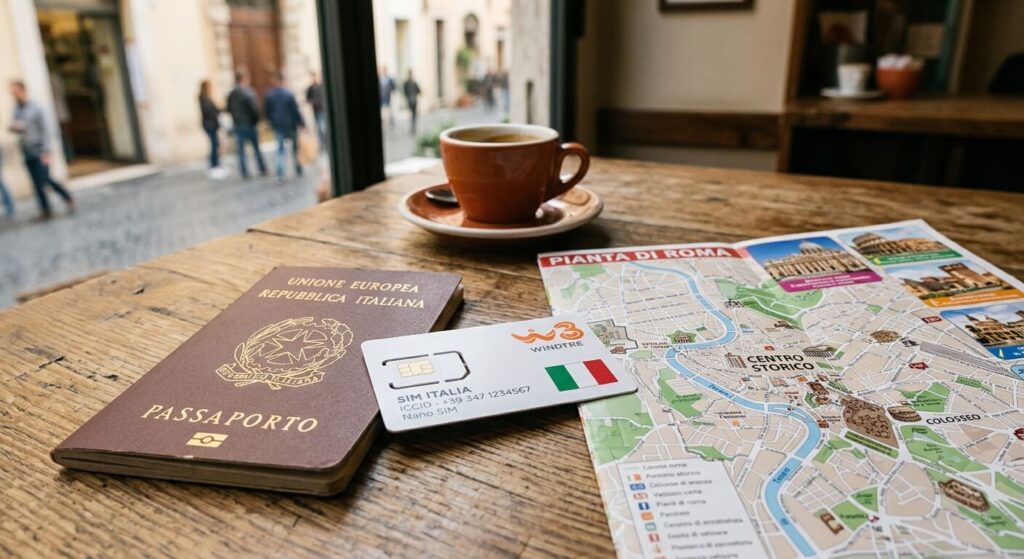 Une carte SIM italienne posée sur une table à côté d'un passeport et d'un plan de Rome.