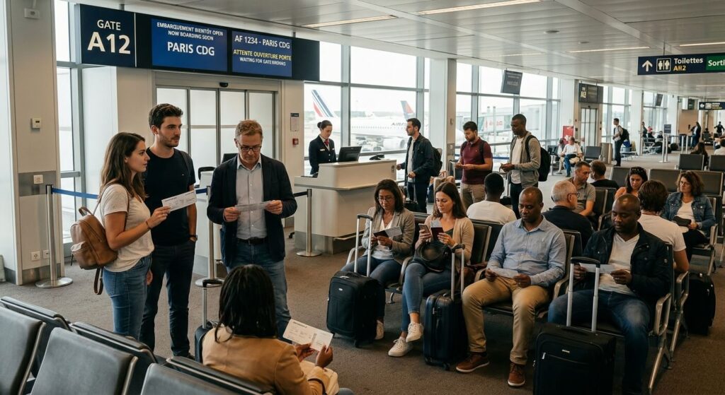Des passagers munis de leurs billets d'avion attendant l'ouverture de la porte d'embarquement en salle d'embarquement.