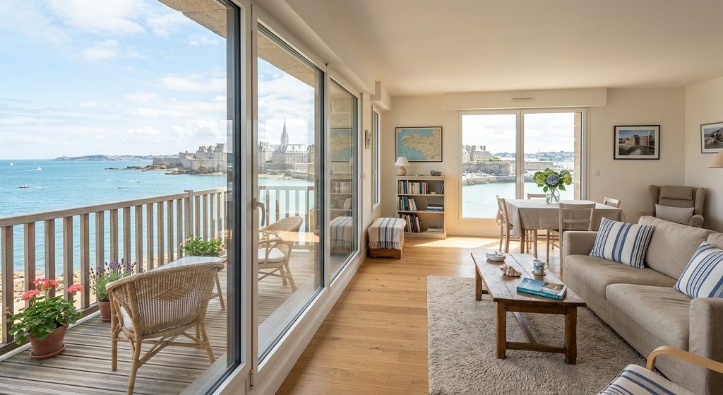 Salon lumineux d'une location de vacances avec vue sur la mer à Saint-Malo.